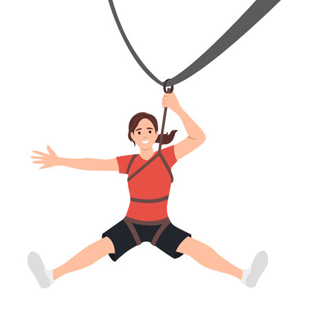 Woman doing rope slide ride. Hand on line over crossing cliff. Zip line rope concept banner. Cartoon illustration of zip line rope vector concept banner for web design. Flat vector illustration isolated on white backgroundのイラスト素材