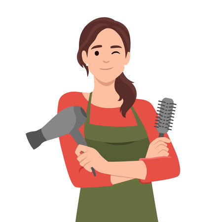 Attractive happy girl hairdresser with comb and hair dryer portrait. Flat vector illustration isolated on white backgroundのイラスト素材