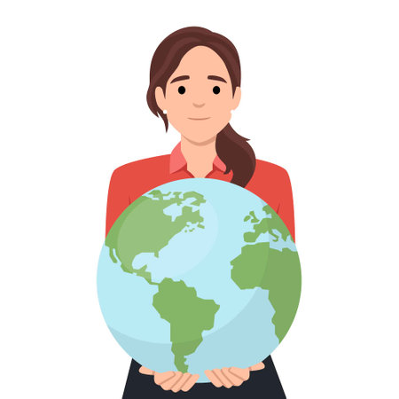 Smiling woman with planet earth in hands show care and love. Happy female teacher with globe. Nature conservation and protection. Flat vector illustration isolated on white backgroundのイラスト素材