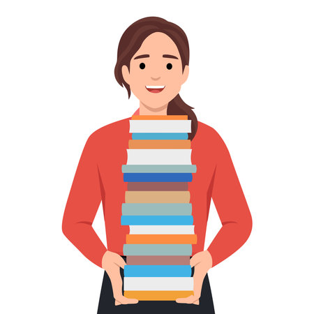 Woman holding stack of books. Bookstore, bookshop, library, book lover, bibliophile, education concept. Isolated vector illustration for poster. Flat vector illustration isolated on white backgroundのイラスト素材