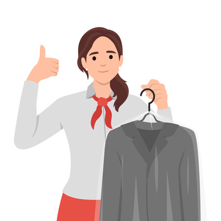 Woman employee of cleaning salon demonstrates jacket in plastic film and shows thumbs up. Girl working in cleaning salon invites people who want to clean dirty clothes with professional detergents. Flat vector illustration isolated on white backgroundのイラスト素材