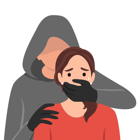Abuse or domestic violence concept. The man covers the woman's mouth with his hand. A woman in tears and with traces of beating on her face. Social problems, aggression and abuse against women. Flat vector illustration isolated on white backgroundのイラスト素材