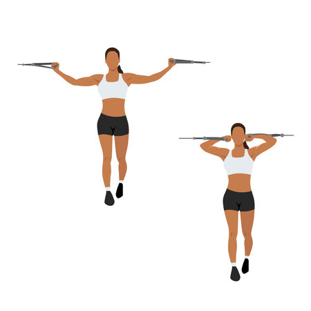 Woman doing overhead cable curls. Crucifix curls. flat vector illustration isolated on different layers. Workout character. Flat vector illustration isolated on white backgroundのイラスト素材