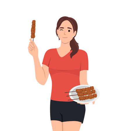 Young woman eating chicken satay food. Flat vector illustration isolated on white backgroundのイラスト素材