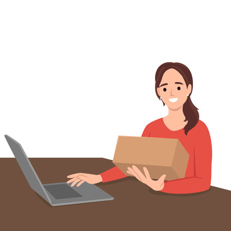 Happy and surprised girl opening gift in front of laptop. Flat vector illustration isolated on white backgroundのイラスト素材