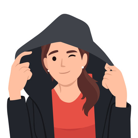 Illustration of cute woman cartoon character standing wearing hoodie and casual clothes. Flat vector illustration isolated on white backgroundのイラスト素材