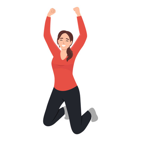 Excited woman rejoices and celebrates triumph, kneeling and raising hands up from joy. Joyful cheerful person winner with positive emotions. Flat vector illustration isolated on white backgroundのイラスト素材