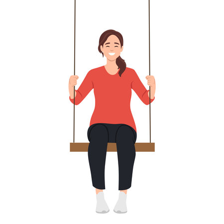 Love and time for yourself. Happy woman, self care, slow life concept. Cute girl with long hair sitting on swing. Young smiling mother takes break and relaxes. Wellbeing, body care. Flat vector illustration isolated on white backgroundのイラスト素材