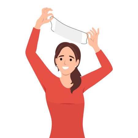 Happy Excited Girl Taking Off Medical Mask Post Pandemic. Young woman feeling released and thankful for lifted restrictions after coronavirus health crisis. Flat vector illustration isolatedのイラスト素材