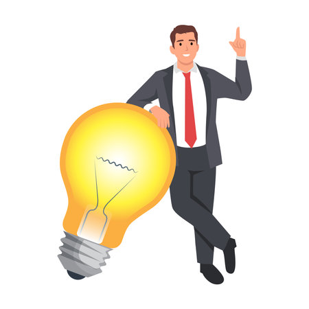 Business idea to make money or concept of profit, innovation or creativity, businessman having a new business idea, inspired man leaning against a lamp. Flat vector illustration isolated on white backgroundのイラスト素材