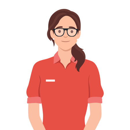 Woman cashier smiles buyer. Retail worker with uniform standing and smiling with glasses. Flat vector illustration isolated on white backgroundのイラスト素材