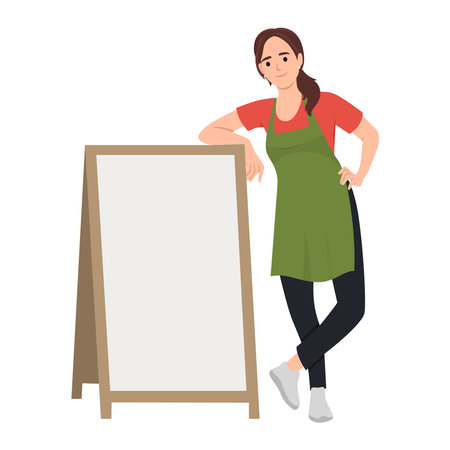 Cheerful small business owners standing welcoming with we are open written on a blackboard in front of a restaurant or coffee shop. Flat vector illustration isolated on white backgroundのイラスト素材