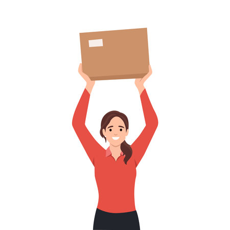 Woman holding package box up by her hands. Person working as a courier, delivery service. Brown package, idea of transportation. Flat vector illustration isolated on white backgroundのイラスト素材