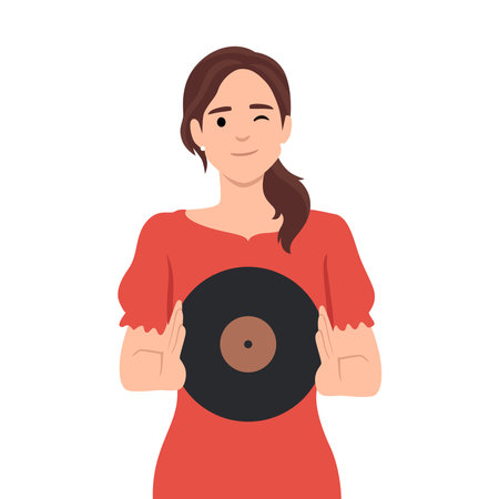 Woman holding vinyl record standing in music store near counter for collectors of retro records. Flat vector illustration isolated on white backgroundのイラスト素材