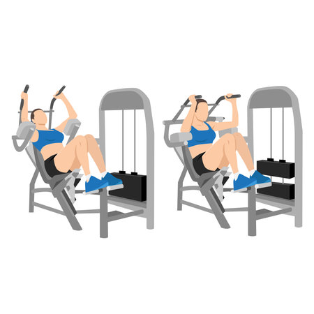 Young woman exercise with abs muscles on press machine, Woman working out with ab crunch machine. Flat vector illustration isolated on white backgroundのイラスト素材