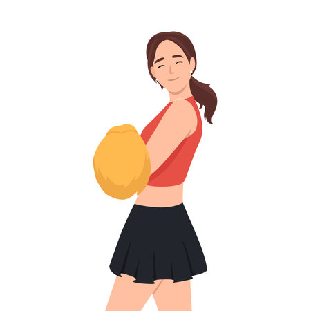 Pretty Smiling woman Cheerleader with Pom Poms. Flat vector illustration isolated on white backgroundのイラスト素材