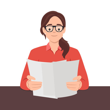 Woman reading paper document and speech bubble with info sign. Concept of professional guide, manual or instruction, counselor providing information. Flat vector illustration isolated on white backgroundのイラスト素材