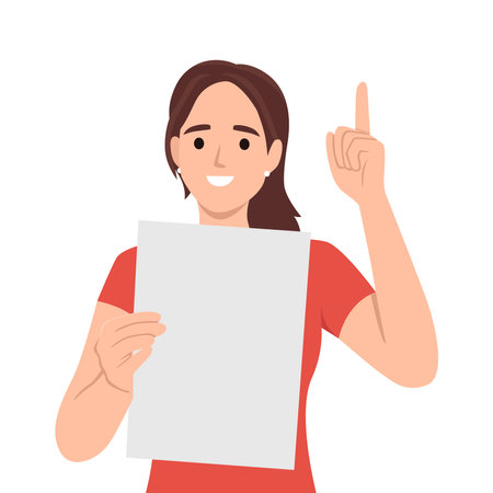 Smiling young woman hold blank poster card point up with finger. Happy girl with empty mockup placard show upward with finger. vector, woman, paper, hand, illustration, space, concept, cartoon, poster, mockup, character, cute, sign, presentation, idea, flat, person, drawing, young, adult, present, human, finger, gesture, pointer, outline, generation, choice, index, empty, indication, right, symbol, blank, professional, copy, up, female, presenter, touch, specialist, demonstrate, choose, recommend, point, indicate, stand, display, placardFlat vector illustration isolated on white backgroundのイラスト素材