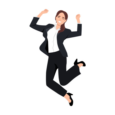 Beautiful brunette happy businesswoman jumping wearing suit. Flat vector illustration isolated on white backgroundのイラスト素材