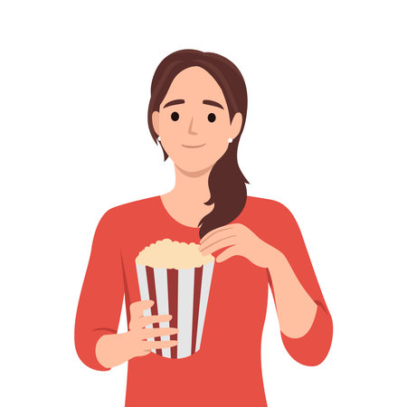 Fast and junk food, Unhealthy eating, calories concept. Young stressed girl cartoon character eating pop corn from basket with hands. Flat vector illustration isolated on white backgroundのイラスト素材