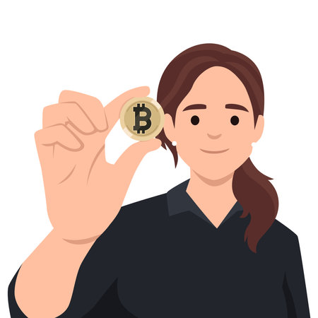 Woman holding bitcoin coin in her hands. Flat vector illustration isolated on white backgroundのイラスト素材
