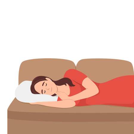 Woman sleeping on the couch, robot vacuum cleaner works. Modern wireless equipment for cleaning the apartment. Flat vector illustration isolated on white backgroundのイラスト素材