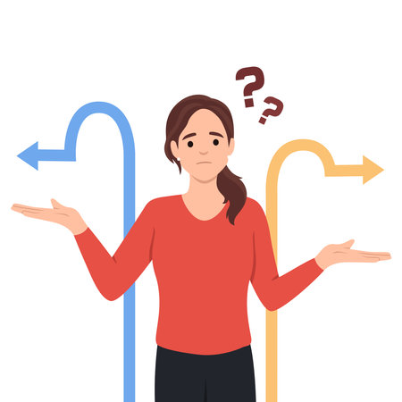 Choice, thinking, doubt, problem concept. Young pensive thoughtful confused doubtful woman girl cartoon character standing and choosing between two ways. Flat vector illustration isolated on white backgroundのイラスト素材