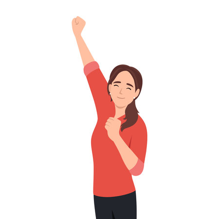 Business woman pushing her fist upwards Comical handwritten person. Flat vector illustration isolated on white backgroundのイラスト素材