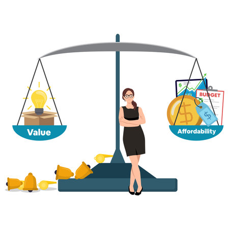 Woman leaning on a scale with value and affordability. The cost of energy concept: weighing scale with electric lamp on one plate and cash money on the other side. Flat vector illustration isolated on white backgroundのイラスト素材