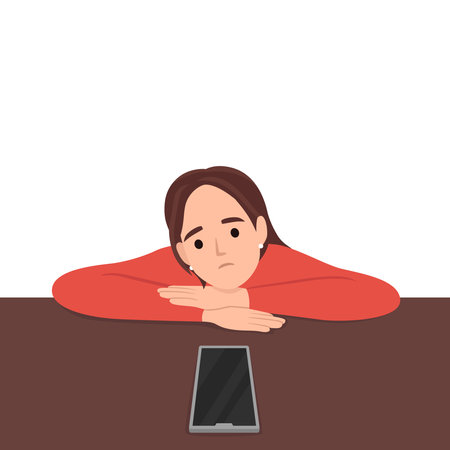 Unhappy young woman feel frustrated looking at cellphone waiting for call or message. Upset confused girl distressed with missing notification on smartphone. Flat vector illustration isolated on white backgroundのイラスト素材