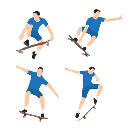 The set of skateboarder. Man doing skateboarding exercise. Flat vector illustration isolated on white backgroundのイラスト素材