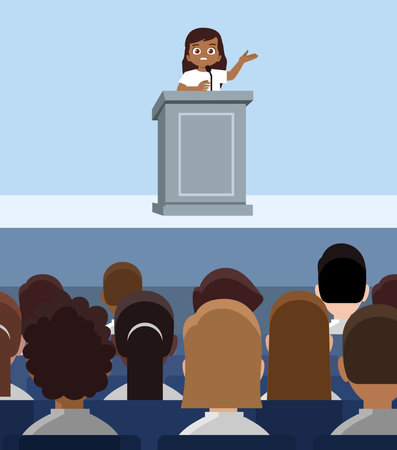 Cute little black girl gives a speech on the podium about bullying and racism emotional. Flat vector illustration isolatedのイラスト素材