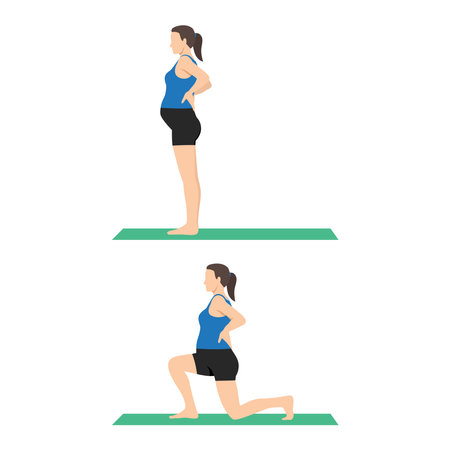Side view of pregnant woman doing reverse lunges. prenatal fitness. Flat vector illustration isolated on white backgroundのイラスト素材