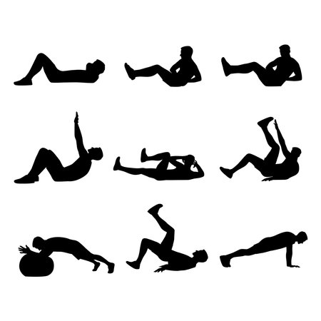 ABS workout for men. Sport exercise for perfect abs. Fit body and healthy lifestyle. Muscle training. Flat vector illustration isolated on white backgroundのイラスト素材