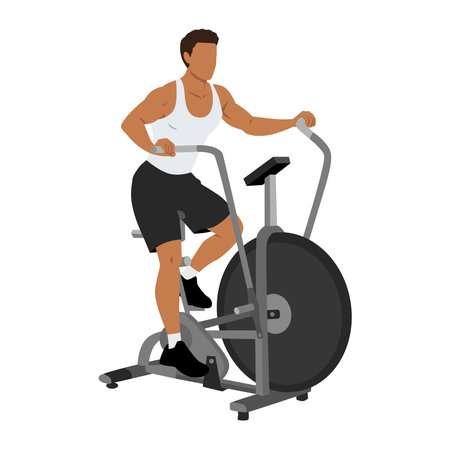 Man doing air bike training or assault bike cardio exercise. Flat vector illustration isolated on white backgroundのイラスト素材