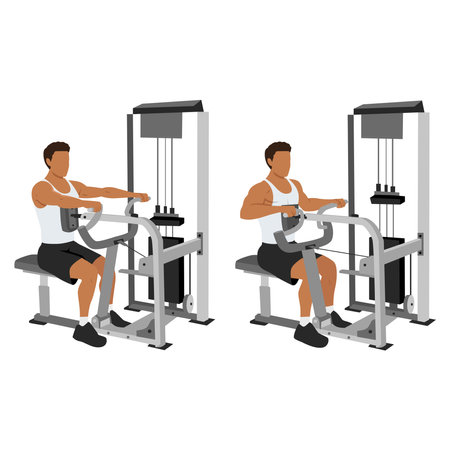 Man doing seated back row machine exercise. Flat vector illustration isolated on white backgroundのイラスト素材