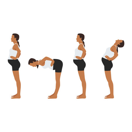 Pregnant woman workout standing on mat and doing standing bends exercise. Flat vector illustration isolated on white backgroundのイラスト素材