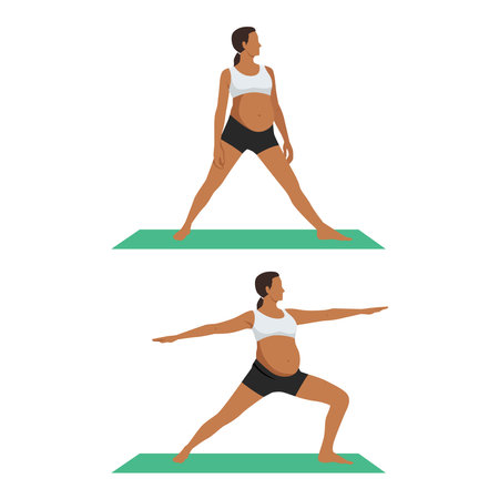 Young pregnant woman with large belly in sportswear does breathing yoga exercises holding hands in namaste mudra. Flat vector illustration isolated on white backgroundのイラスト素材
