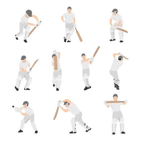 Large collection of silhouettes of cricket player - batsman, bowler & cricket elements. Flat vector illustration isolated on white backgroundのイラスト素材