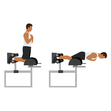 Man doing glute ham raise exercise. Glute Ham Developer Back Extension. Flat vector illustration isolated on white backgroundのイラスト素材