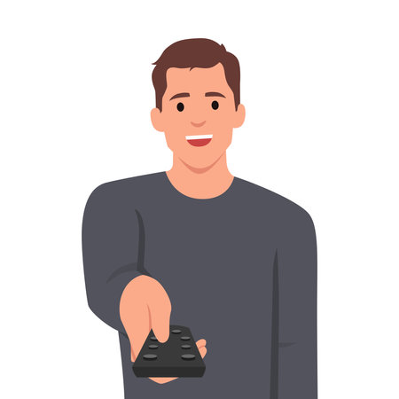 Man holds television remote control switches cable TV channels and smile, choosing interesting show for evening viewing. Happy guy pointing remote at screen wanting to turn off TV. Flat vector illustration isolated on white backgroundのイラスト素材