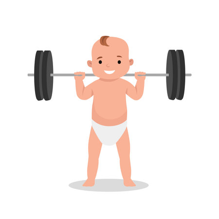 Cartoon of a baby lifting barbell in a squat position. Flat vector illustration isolated on white backgroundのイラスト素材