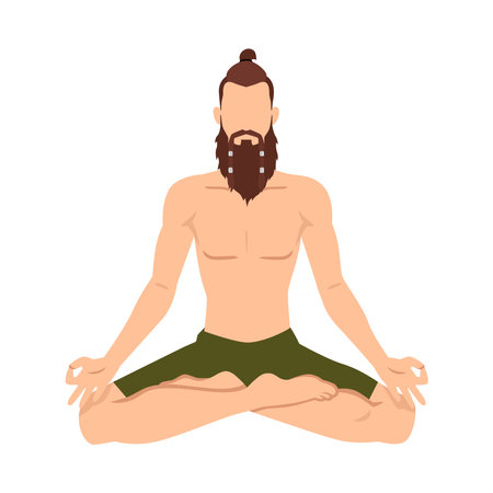 A man sits in a lotus position, does yoga, isolated on a white background. Hipster meditates. Flat vector illustration isolated on white backgroundのイラスト素材