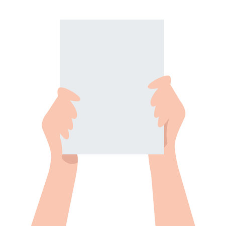 Two hands holding white sheet. concept of notice, display, contract notify, announce, postcard, gesture, without list, tag, placard. Flat vector illustration isolated on white backgroundのイラスト素材