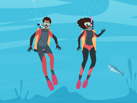 Male and female scuba diving and snorkeling. Flat vector illustrationのイラスト素材