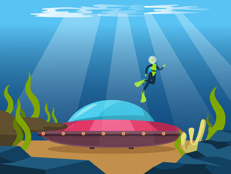 UFO land under water of ocean with alien scuba diving , swimming up. Flat vector illustrationのイラスト素材