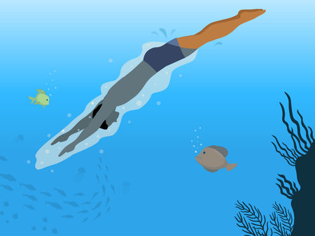 Hello summer concept vector illustration. Cartoon swimmer man character swimming in sea or ocean, exploring underwater sea bottom with fishes, corals. Flat vector illustrationのイラスト素材