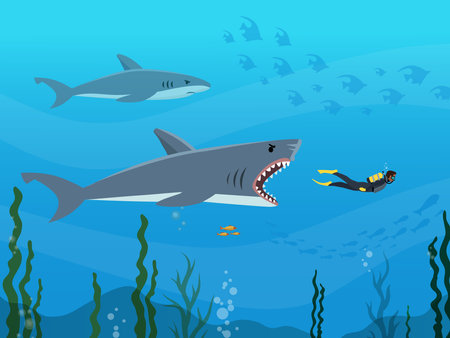 Aggressive big shark trying to reach human. Flat vector illustrationのイラスト素材