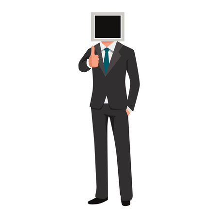 Businessman with monitor head. Mixed media wearing suit tuxedo giving thumb up. Flat vector illustration isolated on white backgroundのイラスト素材