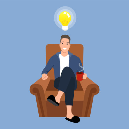 Caucasian white man relaxing with a book on the armchair. Young clever student drinking coffee and reading a novel at home with light bulb idea. Flat vector illustration isolated on white backgroundのイラスト素材